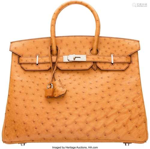 Hermès 35cm Cognac Ostrich Birkin Bag with Palladium Hardwar...