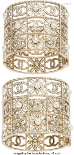 Chanel Set of Two: Gold Crystal and Pearl "CC" Log...