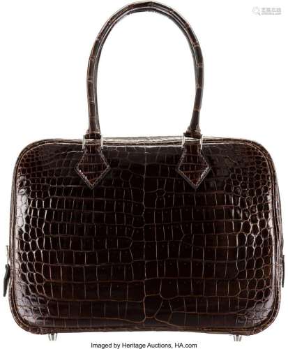 Hermès 28cm Shiny Ebene Porosus Crocodile Plume Bag with Pal...