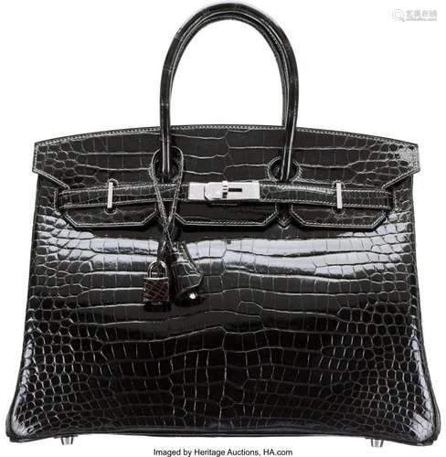 Hermès 35cm Shiny Graphite Porosus Crocodile Birkin Bag with...