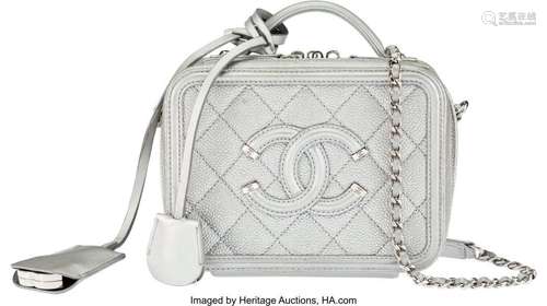 Chanel Silver Metallic Caviar Quilted Leather Vanity Shoulde...