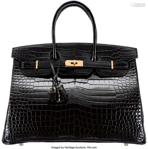 Hermès 35cm Shiny Black Porosus Crocodile Birkin Bag with Go...