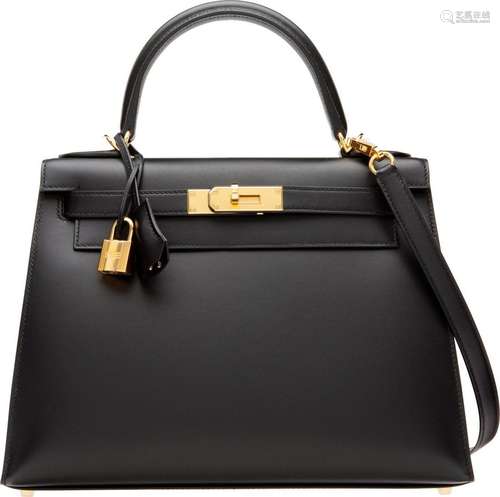 Hermès 28cm Black Calf Box Leather Sellier Kelly Bag with Go...