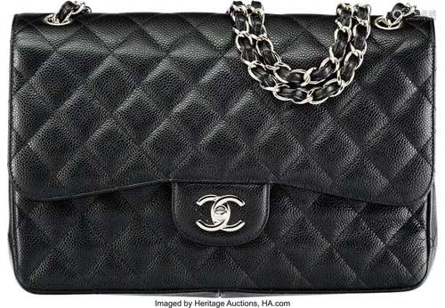 Chanel Black Quilted Caviar Leather Jumbo Double Flap Bag wi...