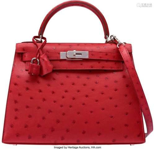 Hermès 28cm Rouge Vif Ostrich Kelly Bag with Palladium Hardw...