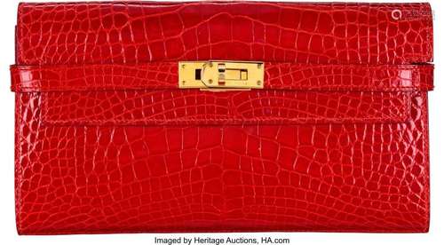 Hermès Shiny Geranium Alligator Kelly Long Wallet with Gold ...