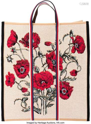 Gucci Beige and Red Poppy Embroidered Canvas Tote Bag Condit...