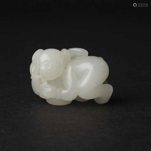 A Fine White Jade 'Boy and Lingzhi' Carving, Qing Dynasty,