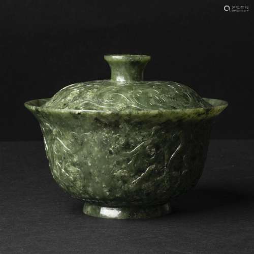 A Spinach Jade Mughal-Style 'Floral' Bowl and Cover, 20th C