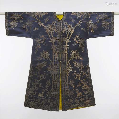A Blue-Ground Gold Thread Embroidered 'Crane and Deer' Robe