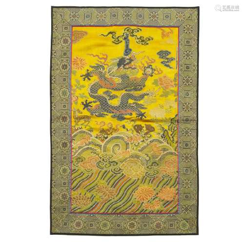 A Yellow-Ground Blue Silk Embroidered 'Dragon' Panel, Qing