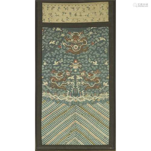 A Large Blue-Ground Kesi Embroidered 'Dragon' Robe Panel, L