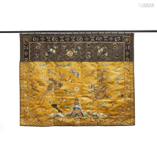 A Yellow-Ground Embroidered 'Dragon and Phoenix' Panel, Qin