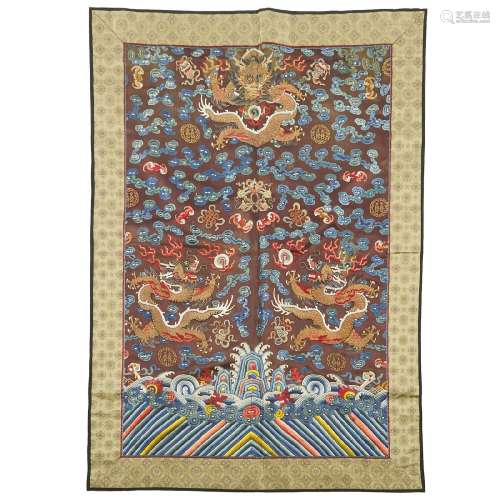 A Chestnut-Ground Embroidered Silk 'Dragon' Robe Fragment,