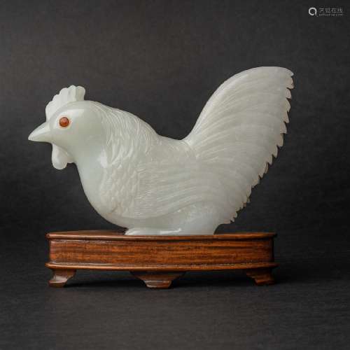 A White Jade Carving of Rooster Inlaid With Amber Eyes, 18t