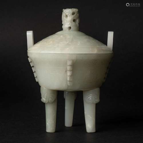 A White Jade Tripod Censer and Cover, Qianlong Period, 18th
