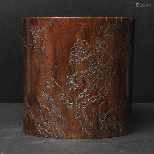 A Huanghuali Brush Pot Inscribed With Calligraphy, Signed Z
