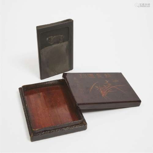 A Chinese Ink Stone in a Lacquer Box and Cover, Late Qing D
