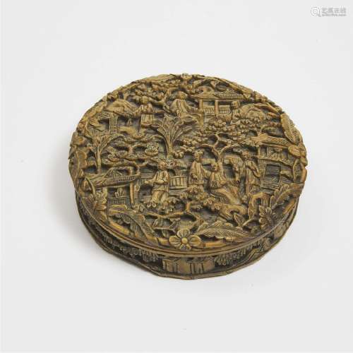 A Chinese Carved Tortoiseshell Circular Box and Cover, 19th