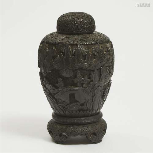 A Rare Carved Black Lacquer 'Scholar Landscape' Jar, Cover