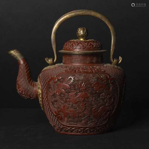 A Red Lacquer 'Twin-Lion' Teapot with Gilt Copper Fittings,