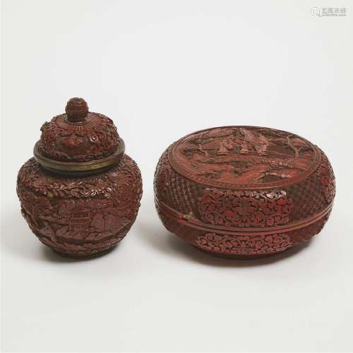 A Red Lacquer Carved Box and Cover, Together With a Lidded