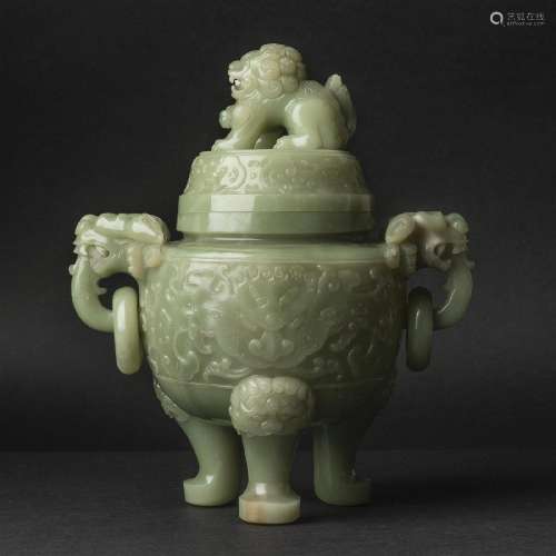 A Large Celadon Jade Tripod Censer and Cover, 19th Century,