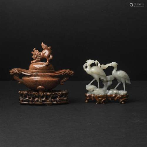 A White Jade 'Crane Holding Lingzhi' Group, Together With a