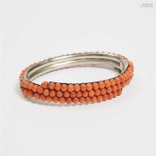 A Silver Mounted Coral Bangle, ??????, diameter 2.8 in — 7.