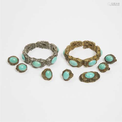 Two Sets of Nine Chinese Silver-Gilt Filigree and Turquoise