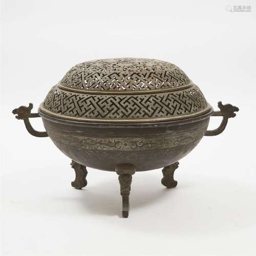 A Massive Chinese Bronze Tripod Incense Burner and Cover, Q