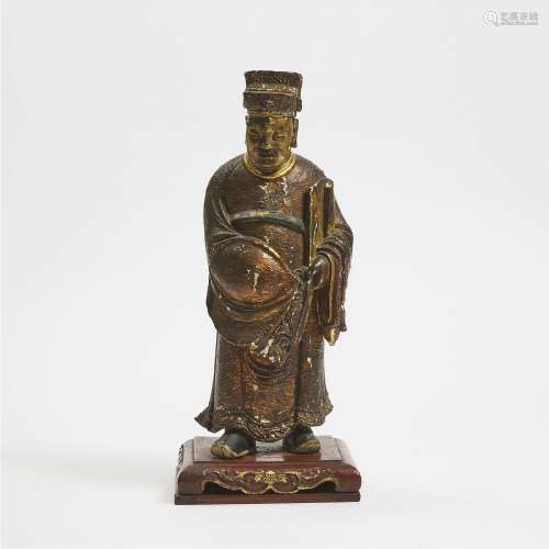 A Chinese Gilt and Lacquered Wood Figure of a Scholar, 18th