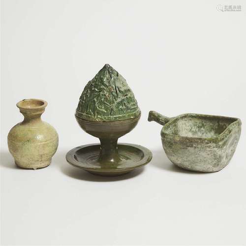 A Group of Three Green-Glazed Pottery Vessels, Han Dynasty