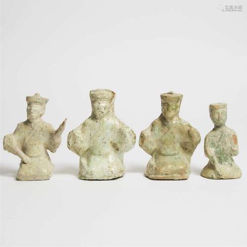 A Group of Four Green-Glazed Pottery Seated Figures, Han Dy