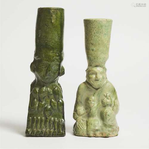 Two Green-Glazed Pottery 'Figural' Candle Holders, Han Dyna