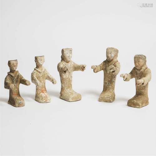 A Group of Five Painted Pottery Kneeling Figures, Han Dynas