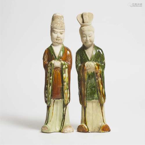 A Pair of Sancai-Glazed Pottery Figures of Attendants, Tang