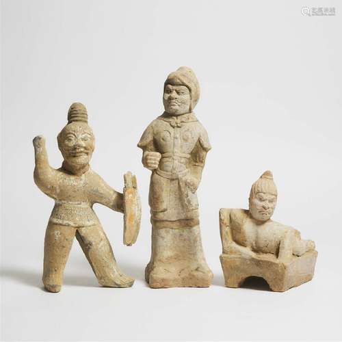 A Group of Three Painted Pottery Figures, Tang Dynasty (AD