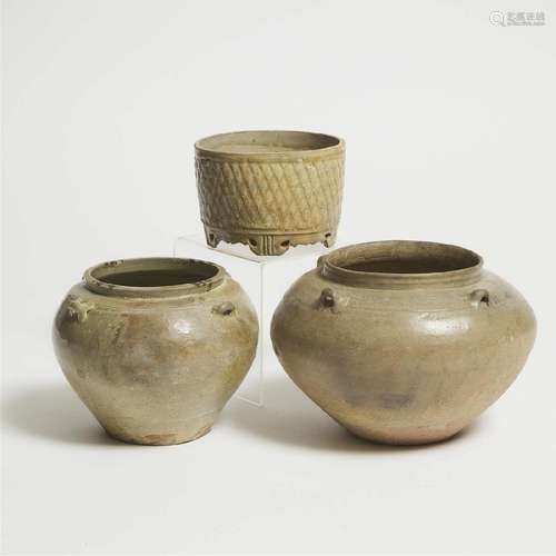 A Group of Three Yue Celadon Wares, Five Dynasties (AD 907-