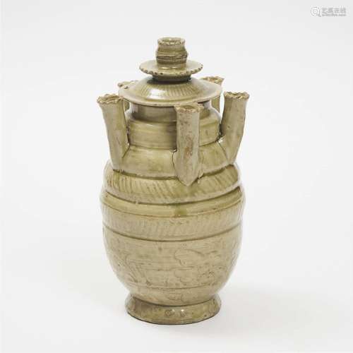 A Longquan/Yue Celadon Five-Spouted Jar and Cover, Five Dyn