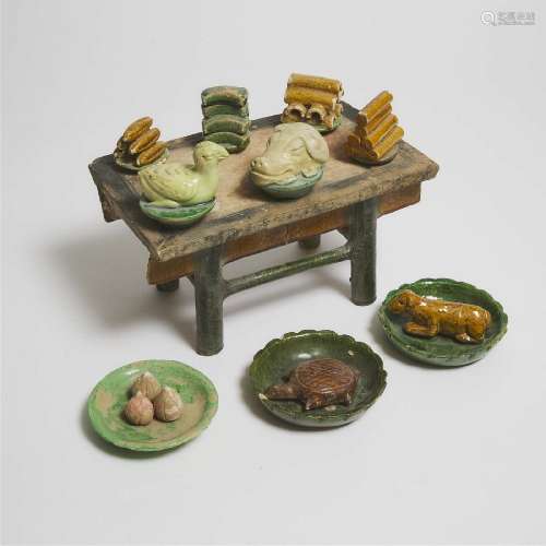 A Set of Ten Sancai-Glazed Pottery Food Offerings and Table