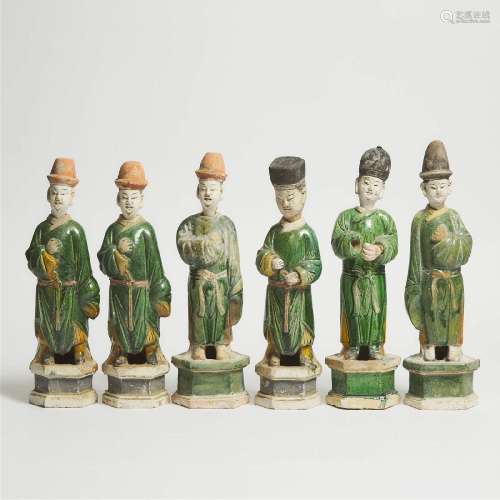A Set of Six Large Sancai-Glazed Pottery Attendants, Ming D