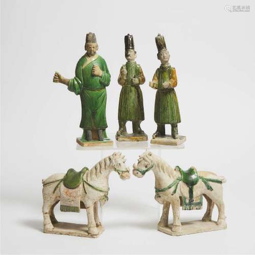 A Group of Five Sancai-Glazed Pottery Horses and Attendants