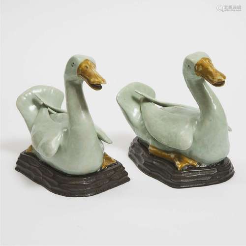 A Pair of Chinese Export Green-Enameled Ducks, Qianlong Per