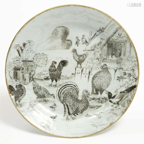 A Chinese Export Grisaille and Gilt-Decorated 'Turkey' Plat