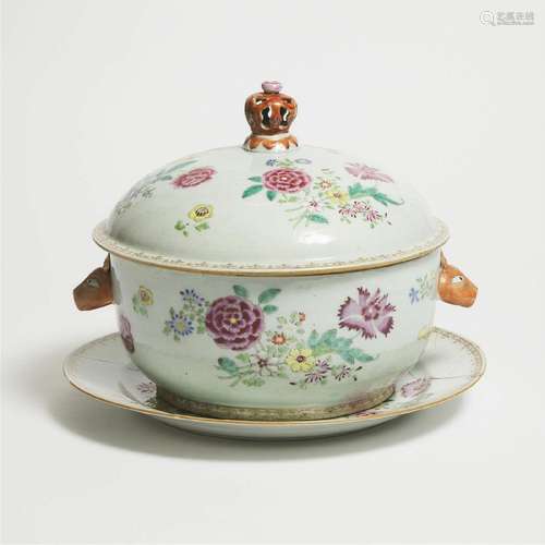 A Chinese Export Famille Rose Circular Tureen, Cover and Pl