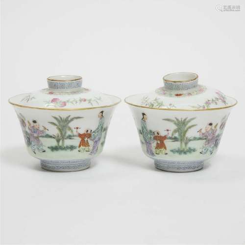 A Pair of Fine Famille Rose 'Ladies and Children' Bowl and