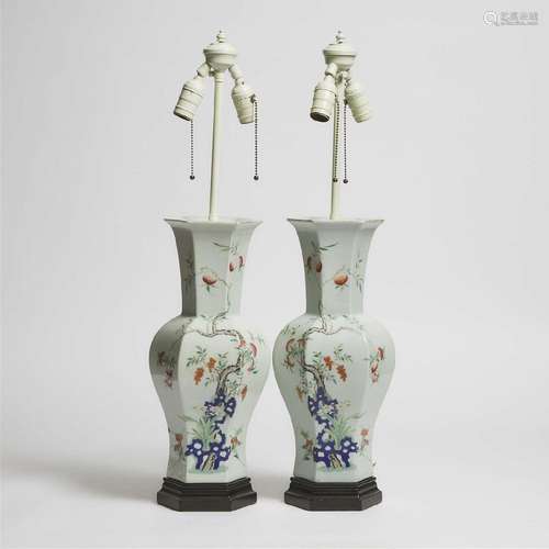 A Pair of Enameled Porcelain Hexagonal Vase Lamps, 19th/20t