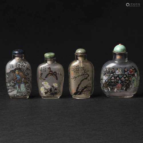 A Group of Four Inside-Painted Glass Snuff Bottles, 20th Ce