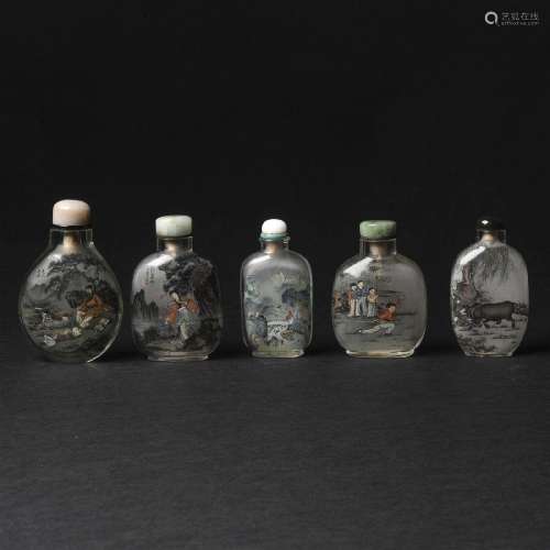A Group of Five Inside-Painted Snuff Bottles, 20th Century,